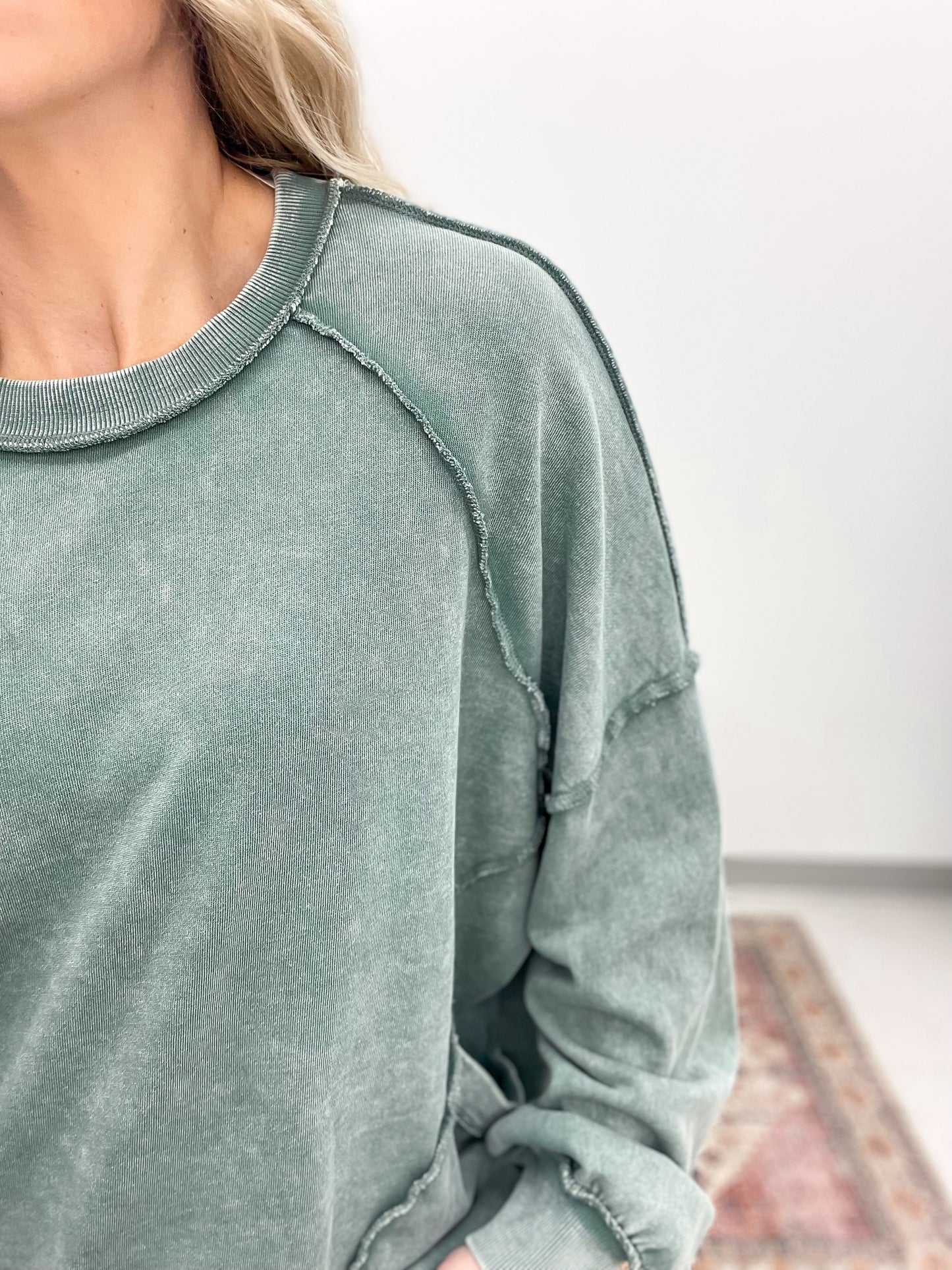 Never Distant Mineral Wash Pullover Juniper Green