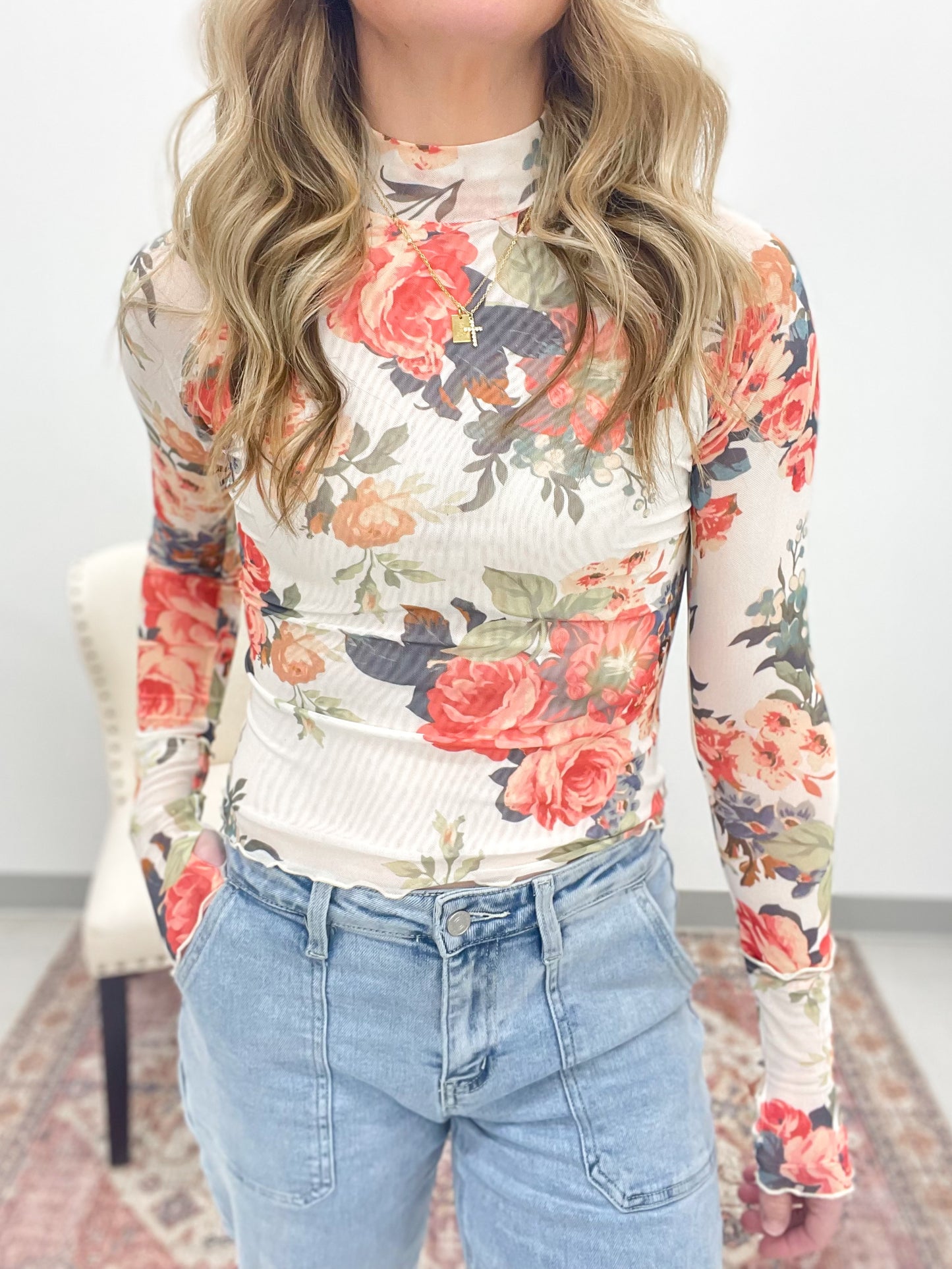 The Blair Floral Mesh Top Cream