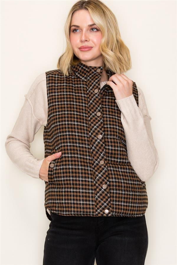 Around Here Plaid Puffer Vest Brown Mix