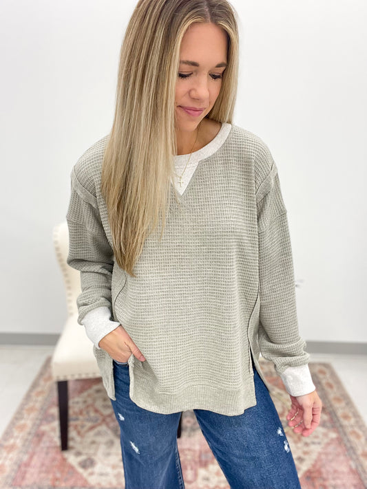 All That Time Brushed Thermal Knit Pullover Olive