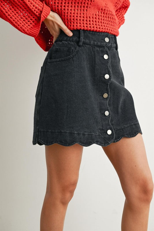 Starts With You Scallop Detail Button Denim Skirt Black