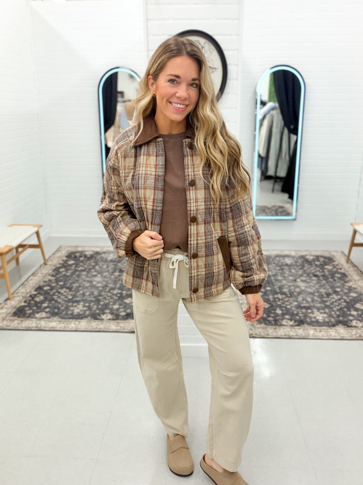 Cool Girl Quilted Plaid Jacket Taupe