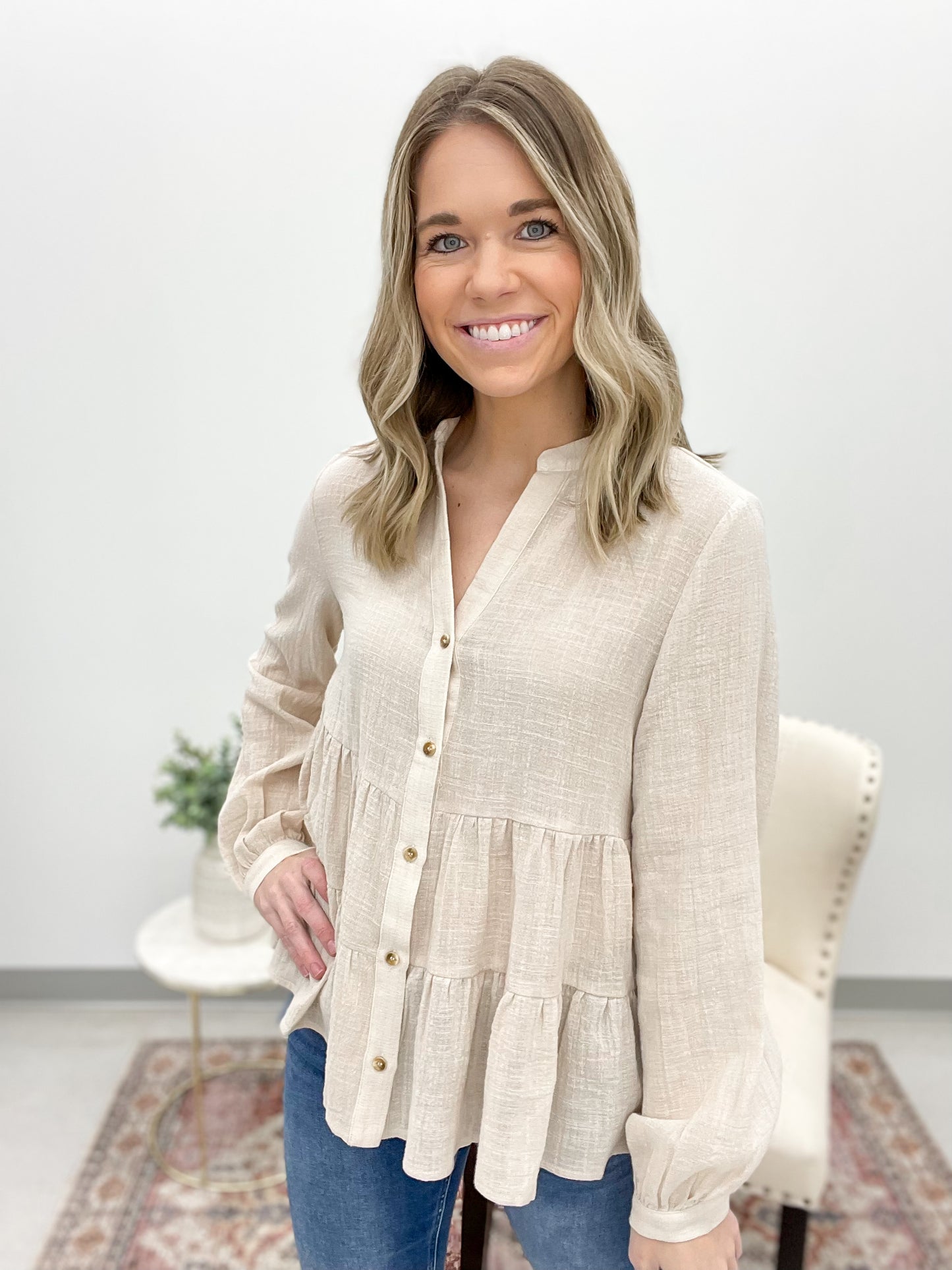 Never Leave Button Down Blouse Oatmeal