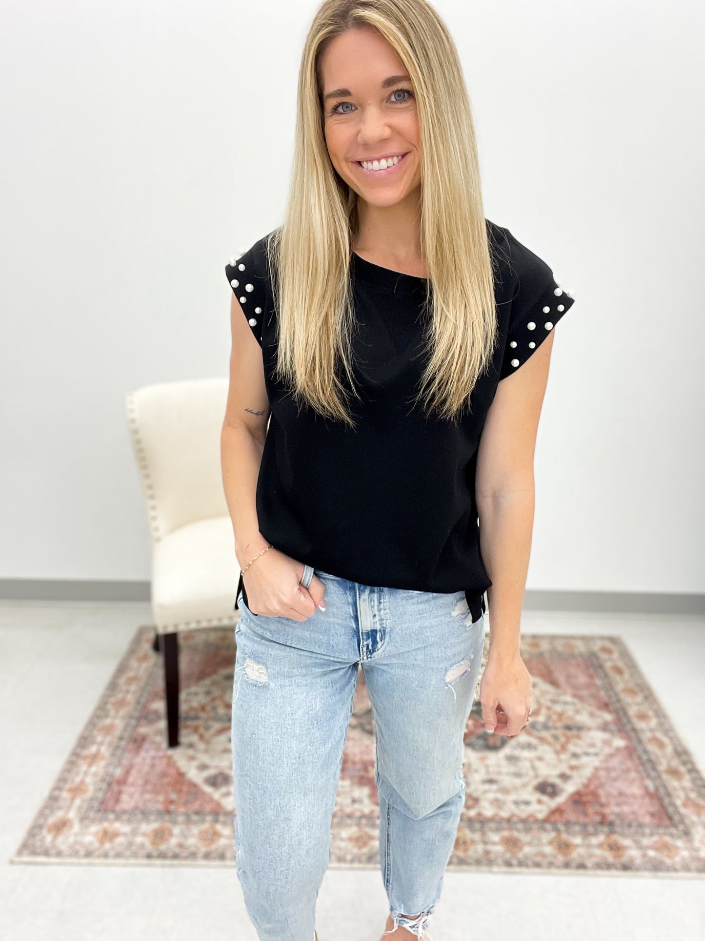 Encore Pearl Sleeve Detail Top Black