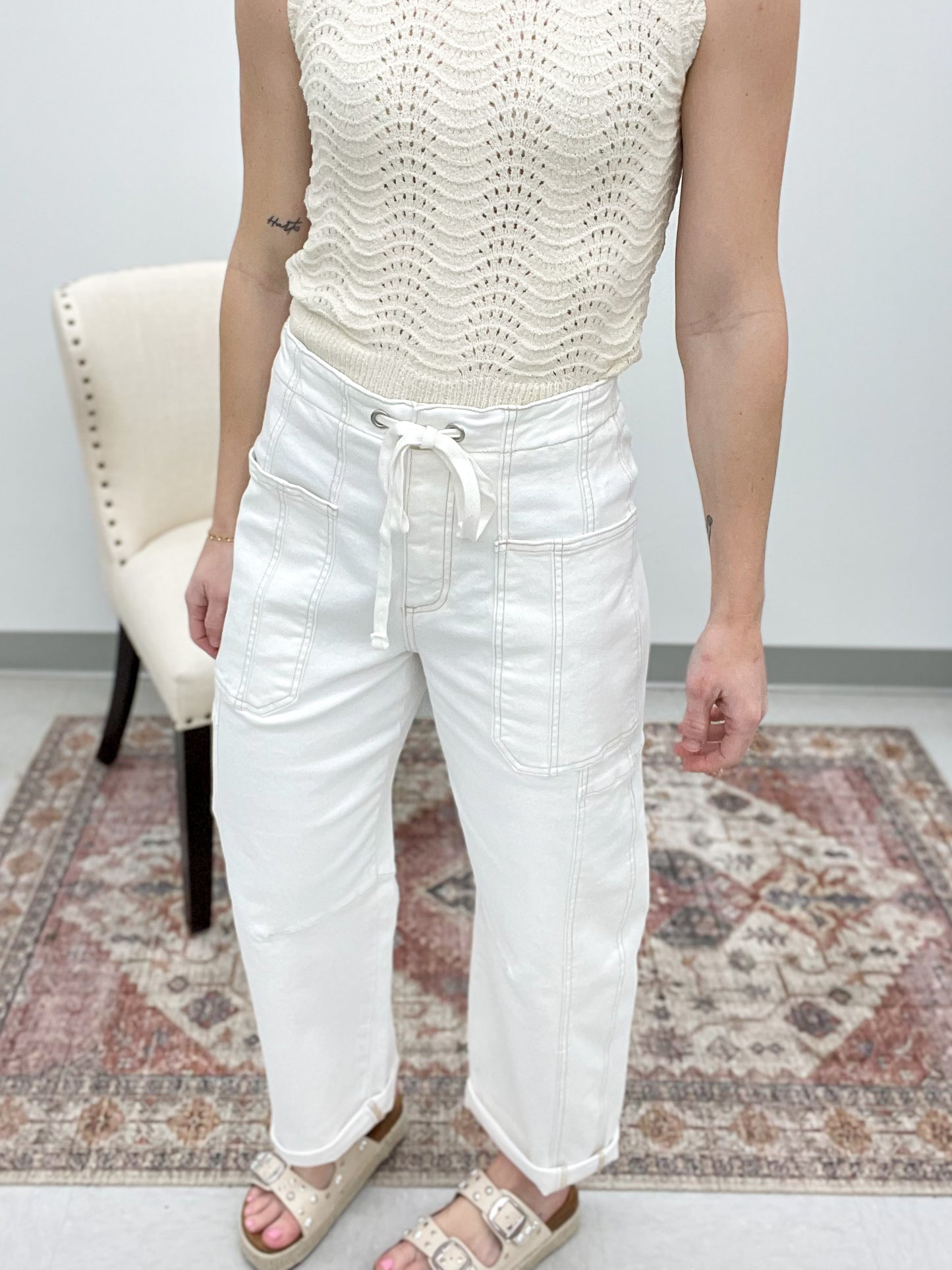 Risen High Rise Crop Barrel Jeans Off White