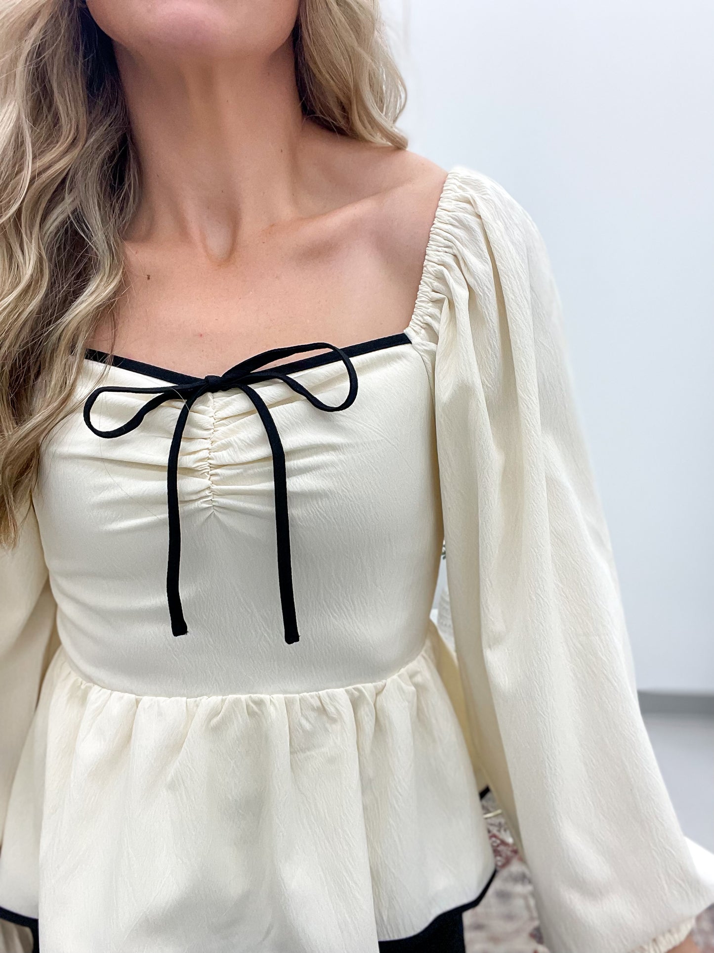 Sweet To Me Bow Detail Peplum Top Cream/Black