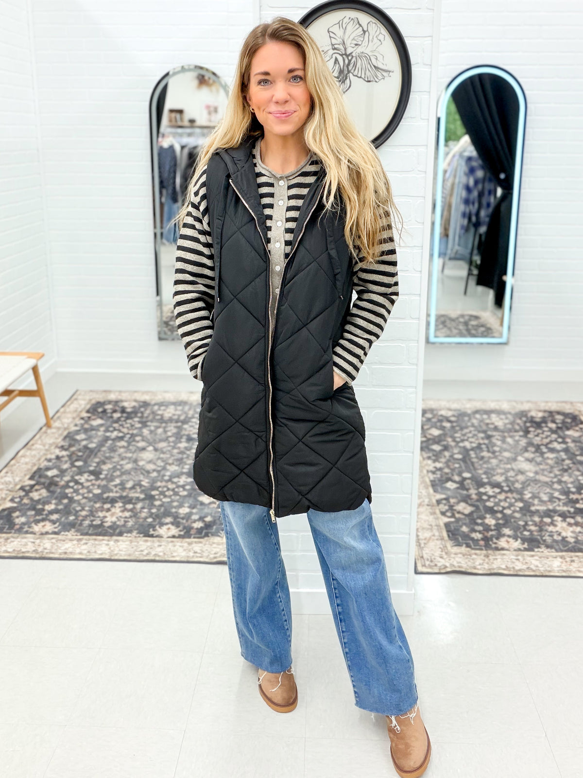 Bundle Up Quilted Puffer Long Hooded Vest Black