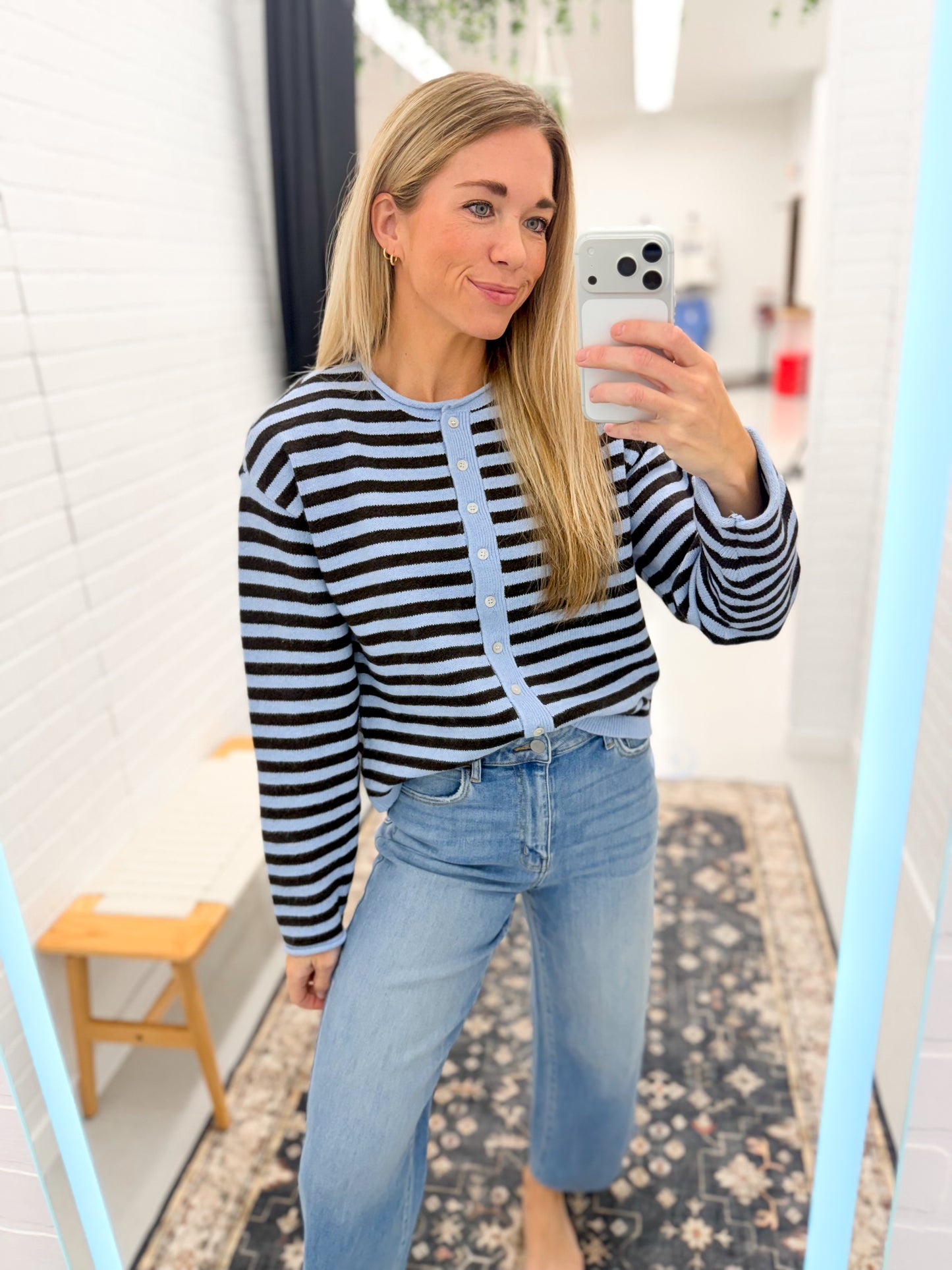 The Dover Cardigan Blue Brown Stripe
