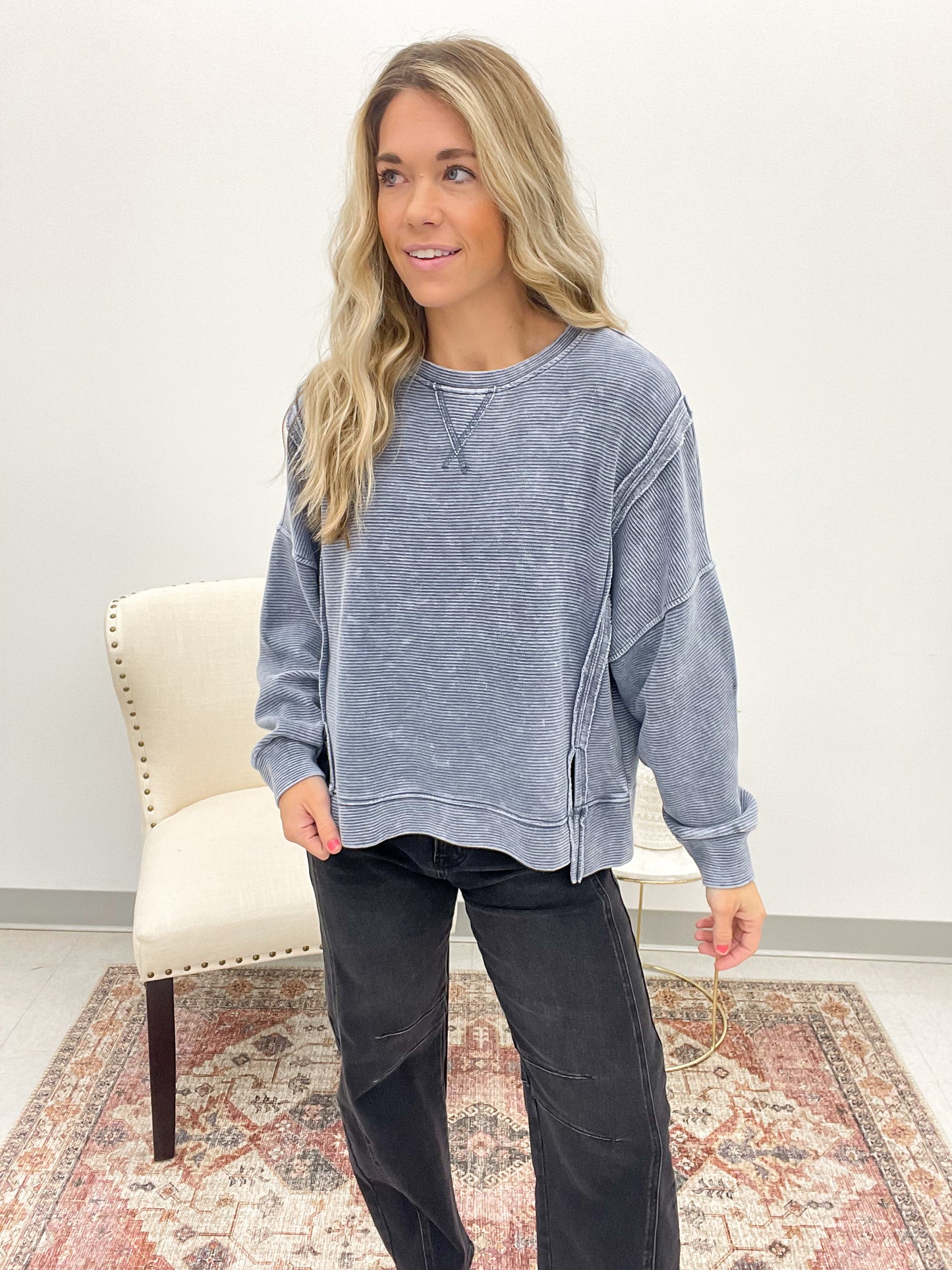 Carry On Washed Exposed Seam Detail Top Blue