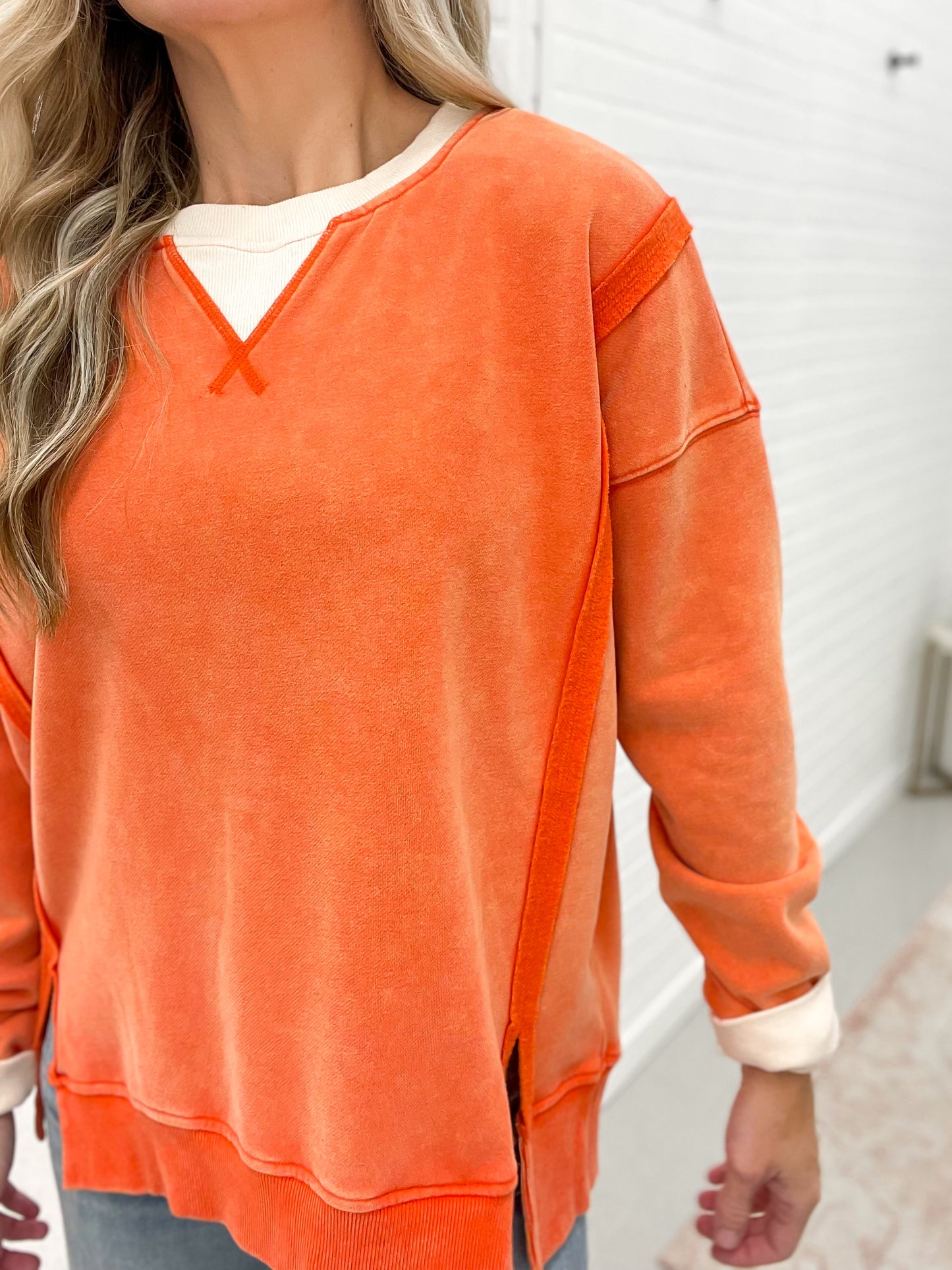 Never Better Mineral Wash Oversized Pullover Sweatshirt Orange
