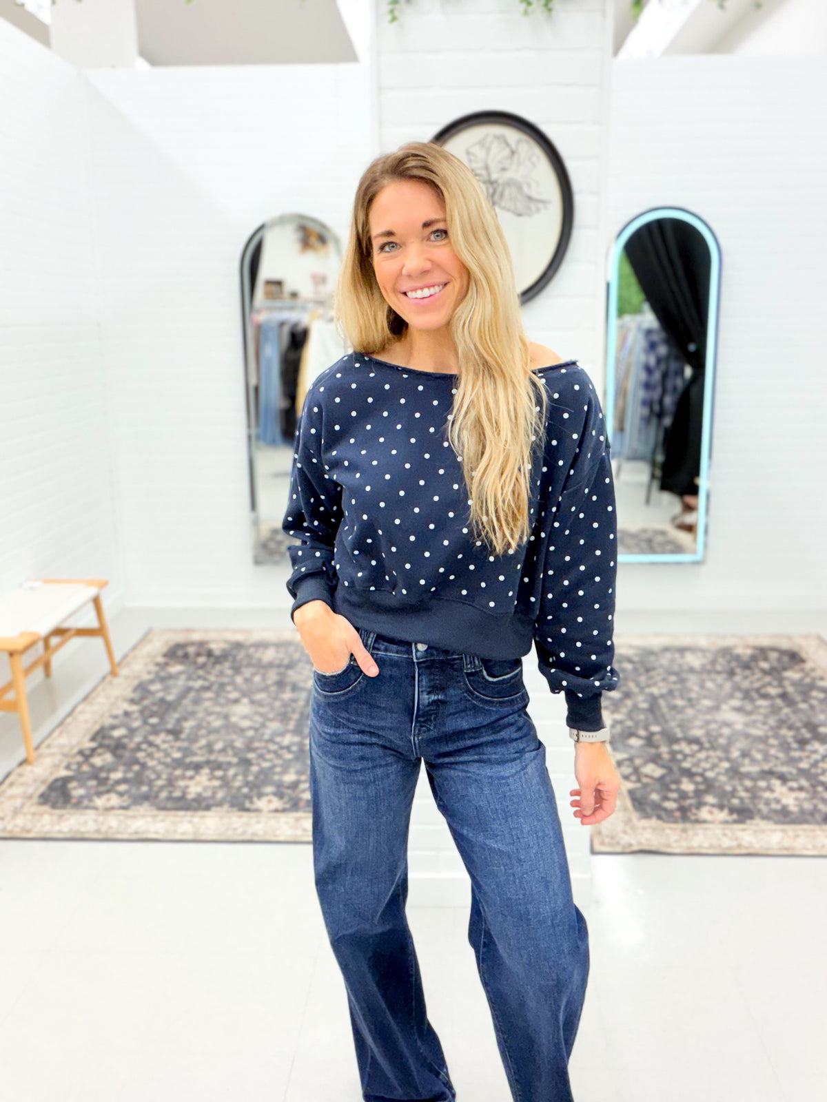Stay Chic Polka Dot Off The Shoulder Sweatshirt Navy