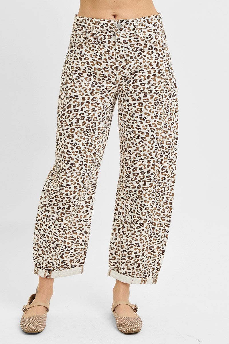 Risen High Rise Leopard Crop Barrel Jeans Cream