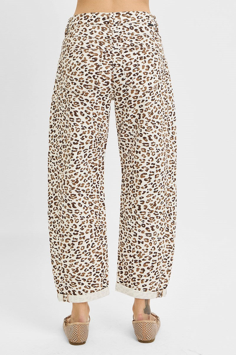 Risen High Rise Leopard Crop Barrel Jeans Cream
