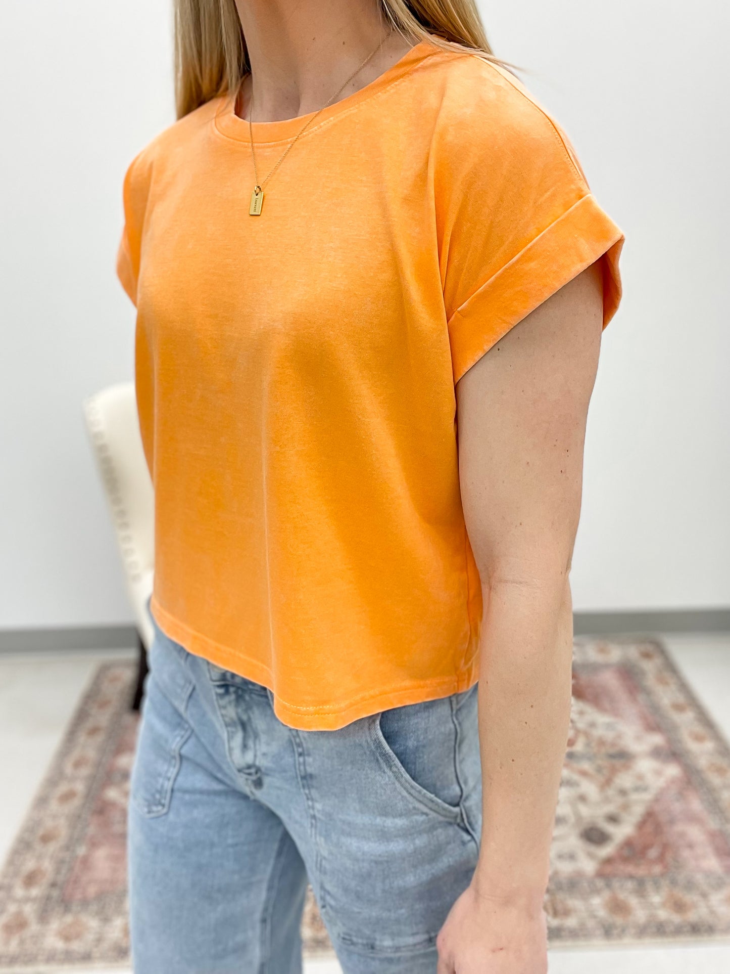 Laid Back Mineral Wash Cuffed Top Orange