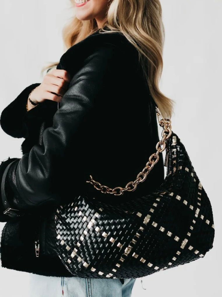The Sienna Slouchy Woven Shoulder Bag Gold Metallic Diamond Black