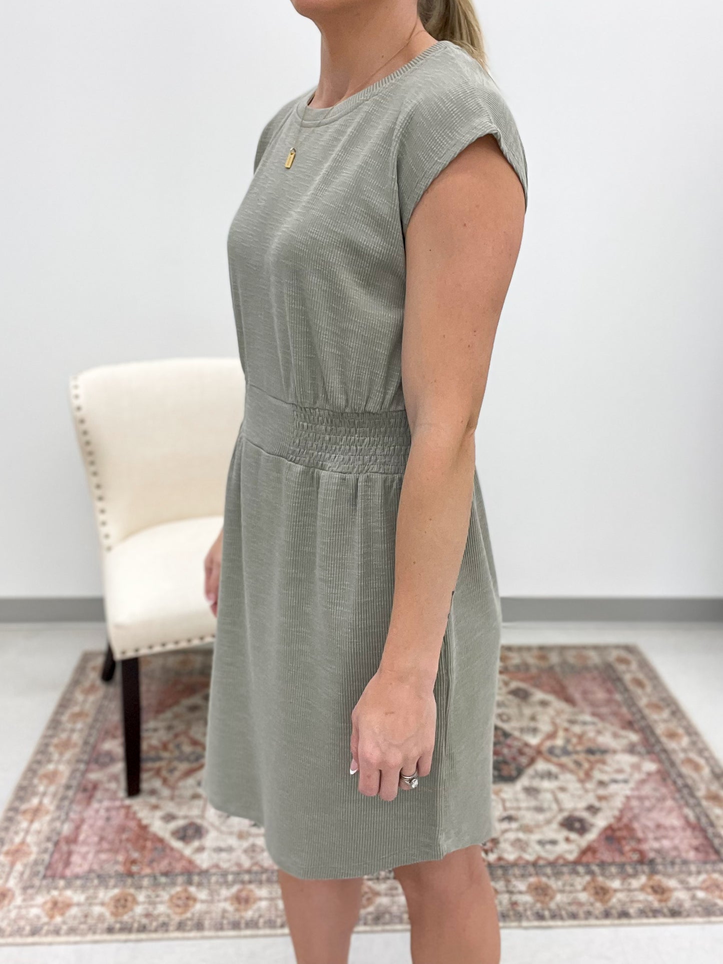 One Moment Smocked Waist Slub Dress Heather Olive S-XL