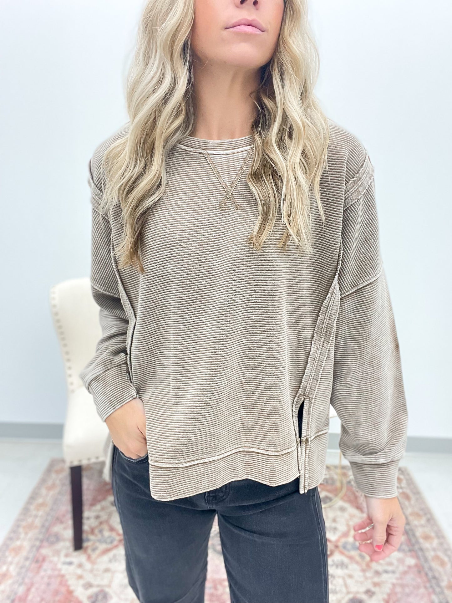 Carry On Washed Exposed Seam Detail Top Brown