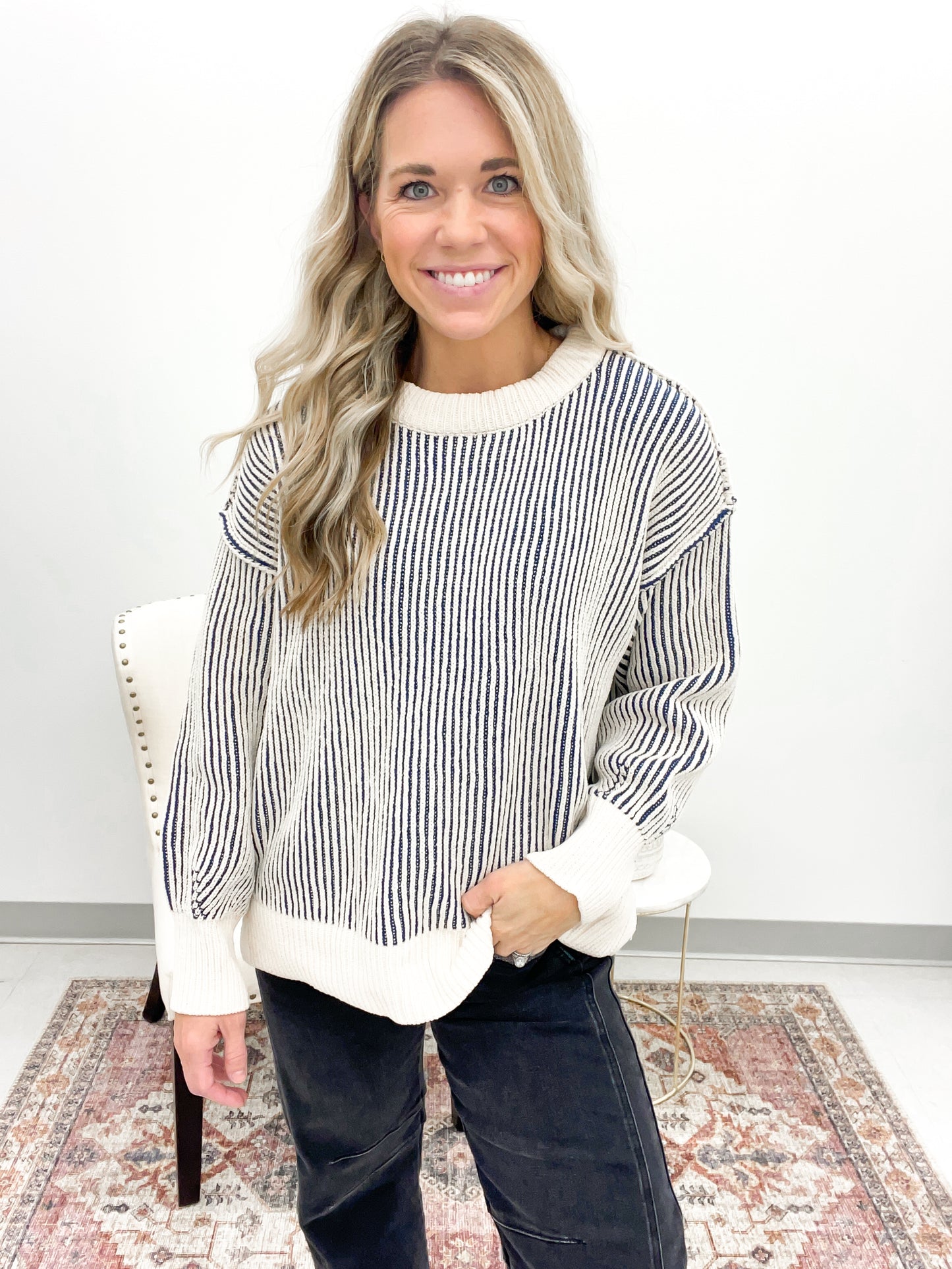 She Will Two-Tone Chenille Crewneck Sweater Navy
