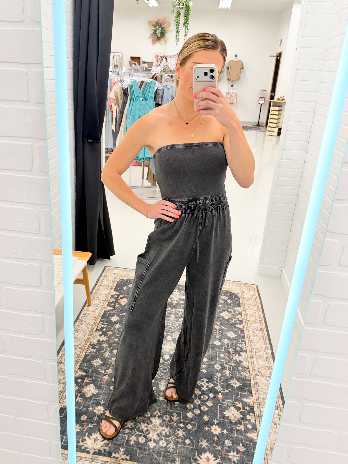 Outbound Strapless Mineral Wash Wide Leg Jumpsuit Black