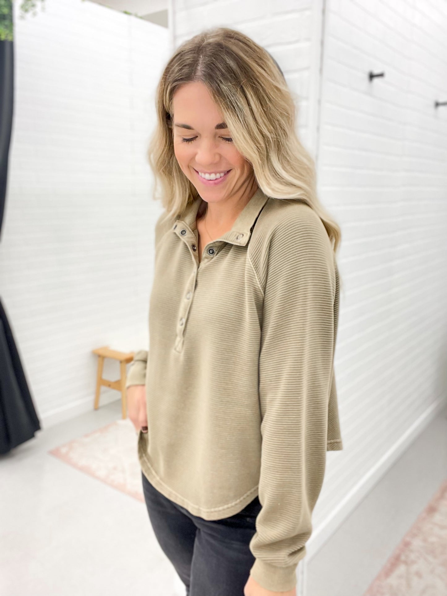 Lucky Us Half Snap Button Ribbed Long Sleeve Top Camel