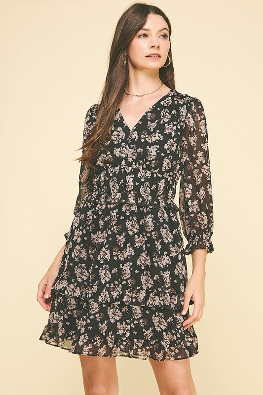 Little More You Floral Chiffon Dress Black
