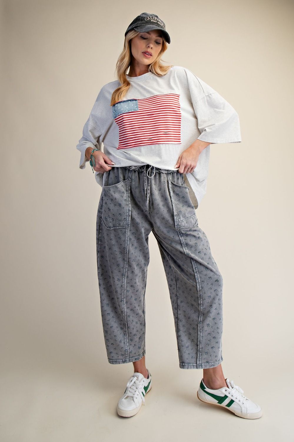Darling Ditsy Floral Mineral Wash Barrel Pants Ash
