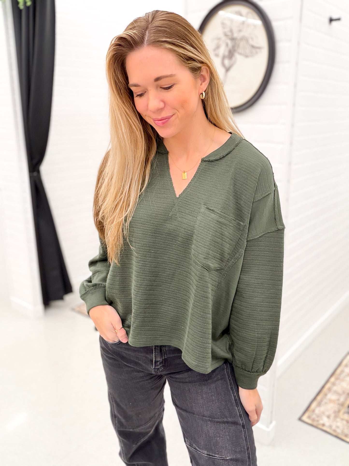Still Got It Split V Neck Knit Top Dark Olive