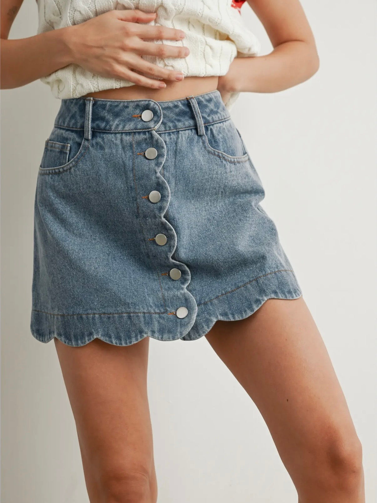 Starts With You Scallop Detail Button Denim Skirt Medium Wash