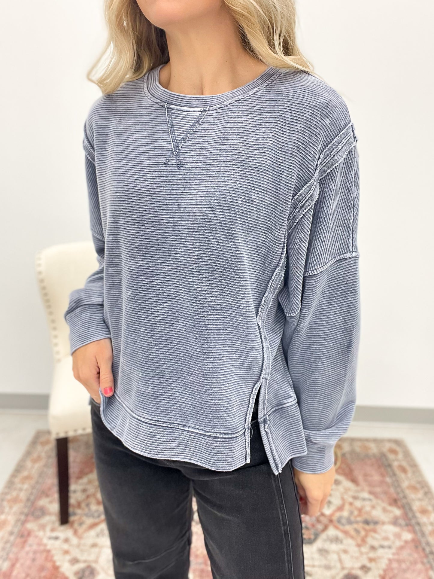 Carry On Washed Exposed Seam Detail Top Blue