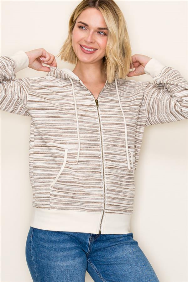 Could It Be Stripe Mix Hooded Zip Up Jacket Taupe