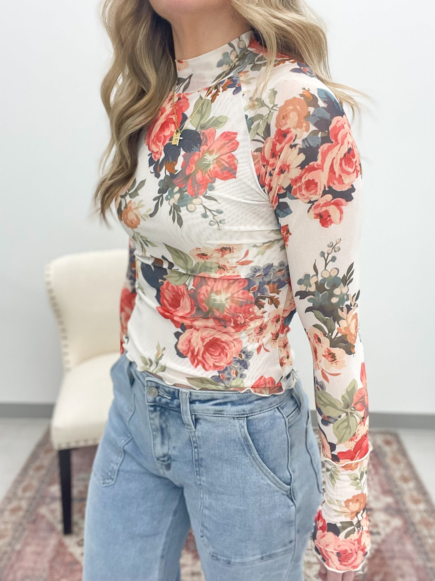 The Blair Floral Mesh Top Cream
