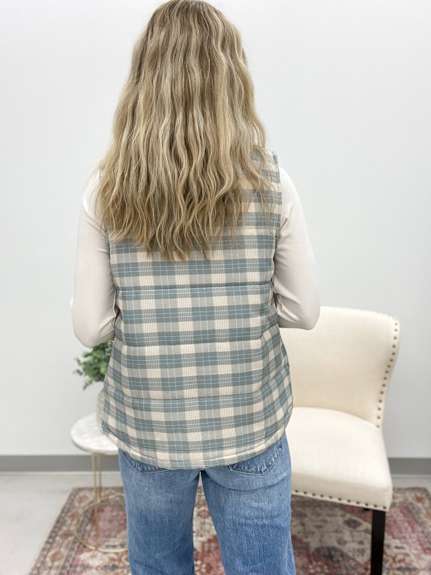 She's Yours Plaid Puffer Vest Pine/Cream Medium