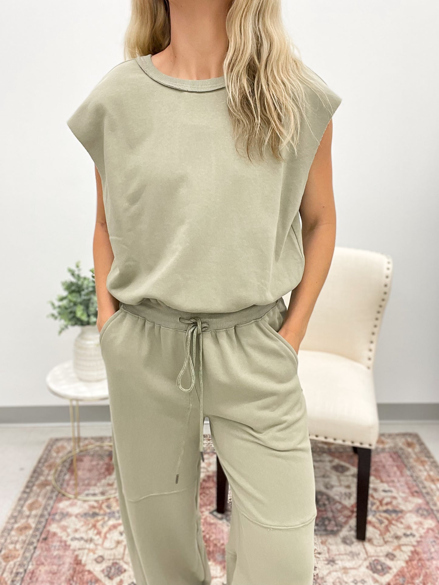 A Team Athleisure French Terry Jogger Jumpsuit Light Olive Large