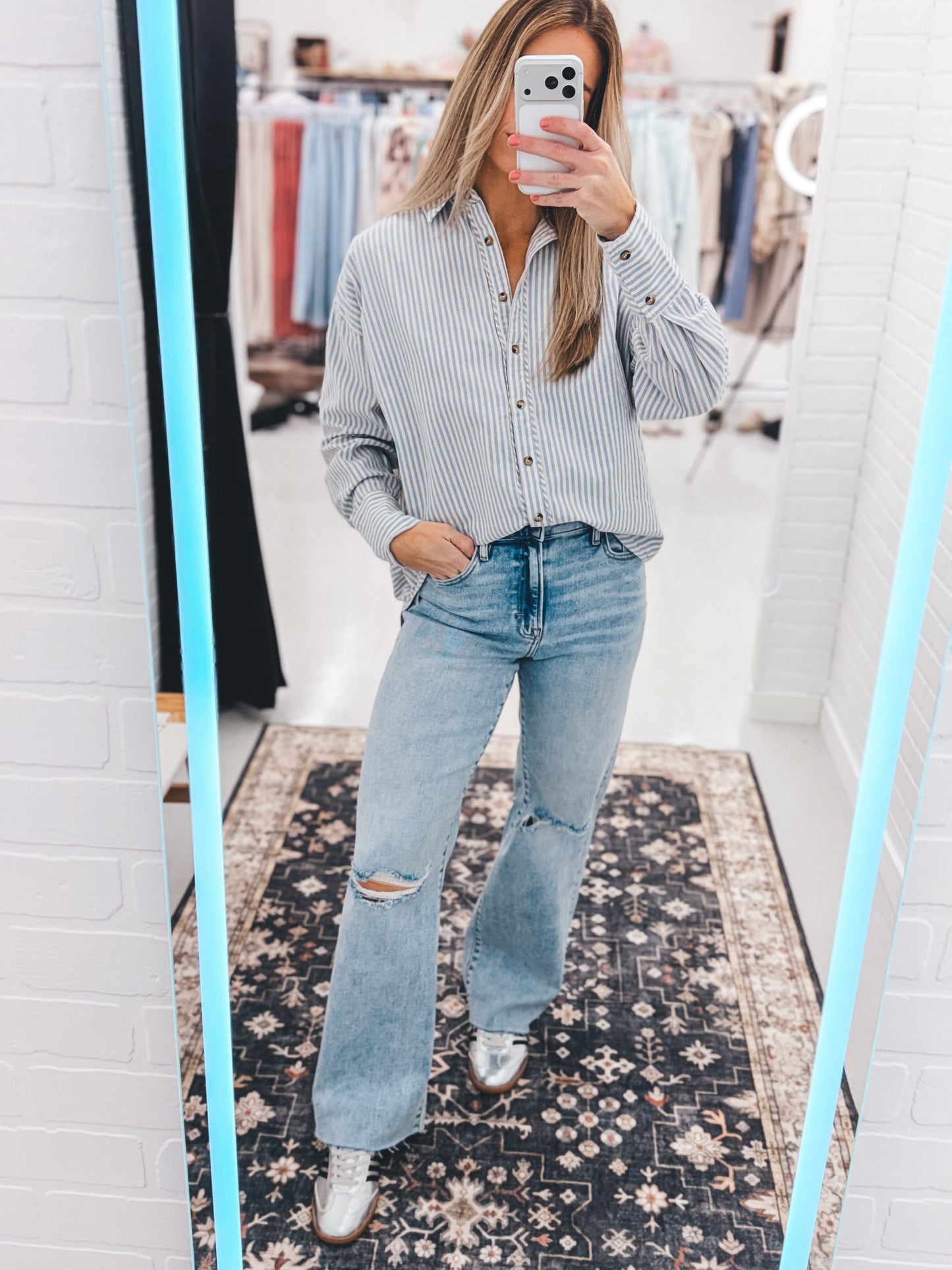 Gone Again Oversized Striped Button Down Shirt Blue