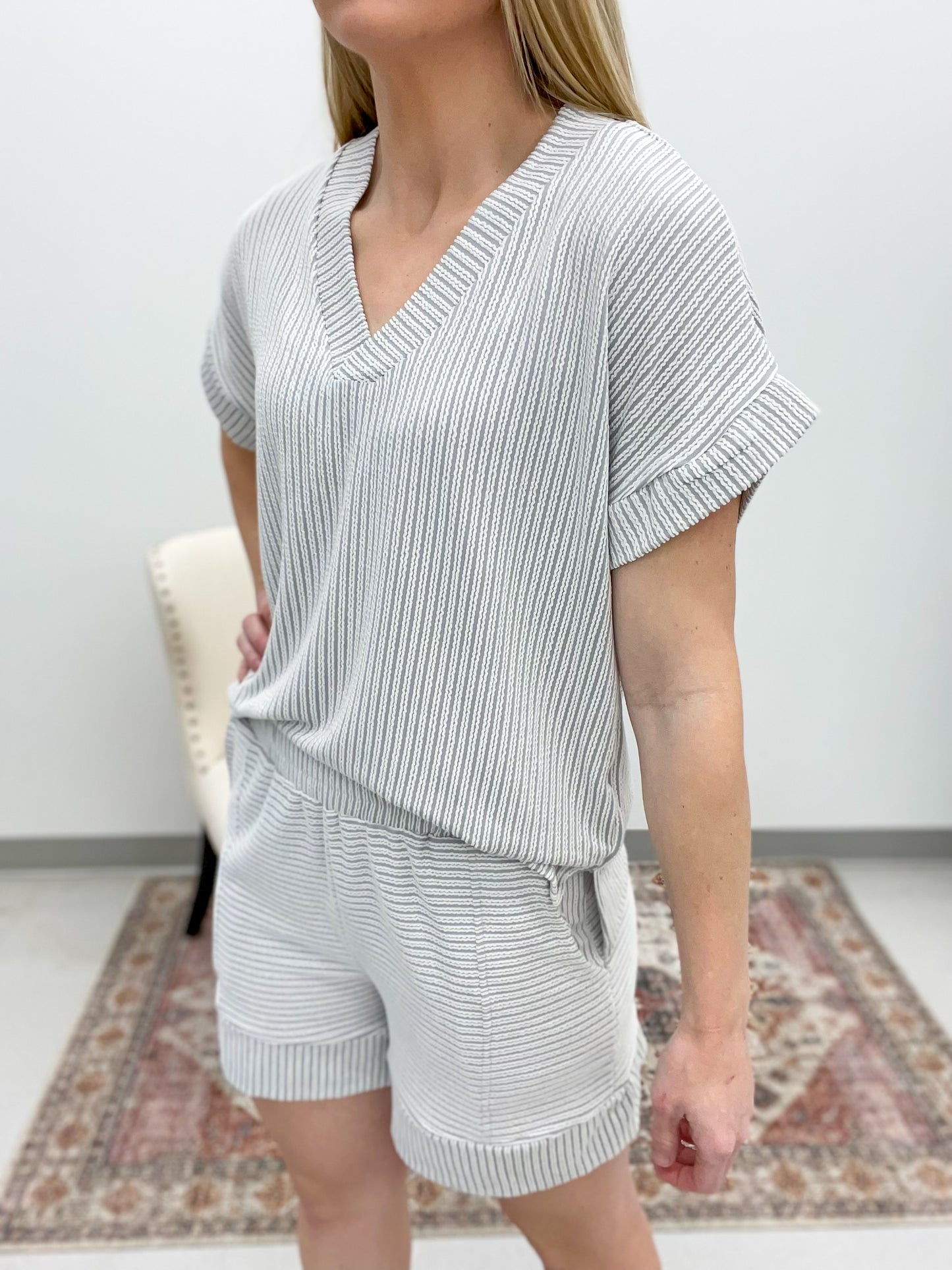 Sunday Breeze Ribbed Top And Shorts Set Gray