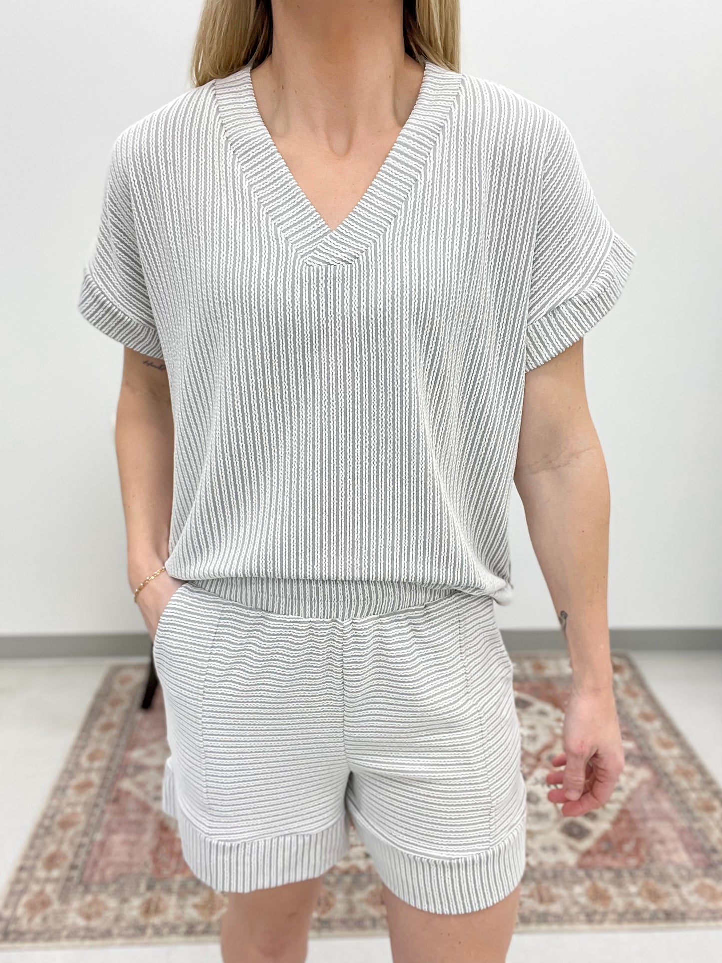 Sunday Breeze Ribbed Top And Shorts Set Gray