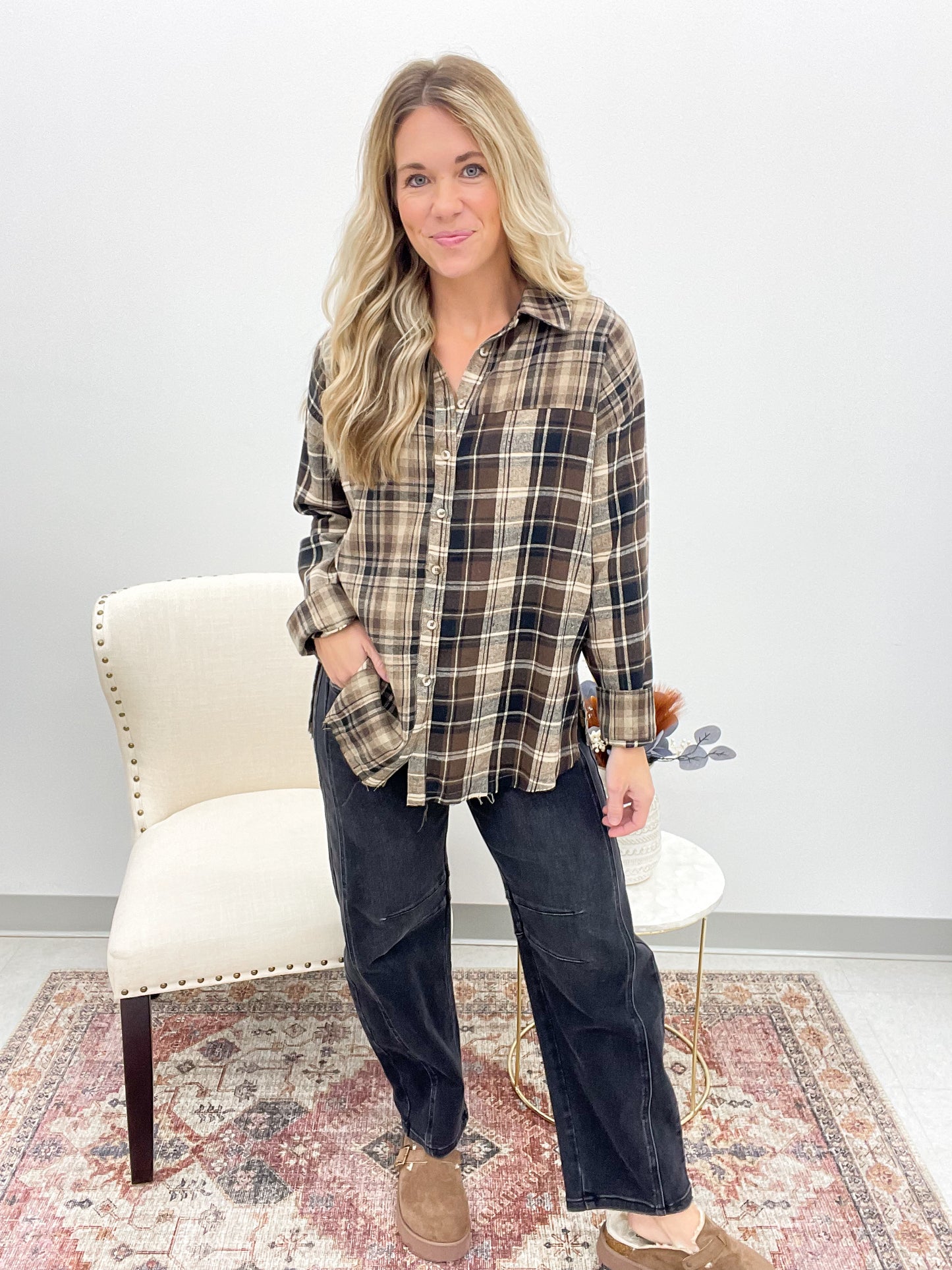 Espresso Edge Plaid Flannel Shirt Brown