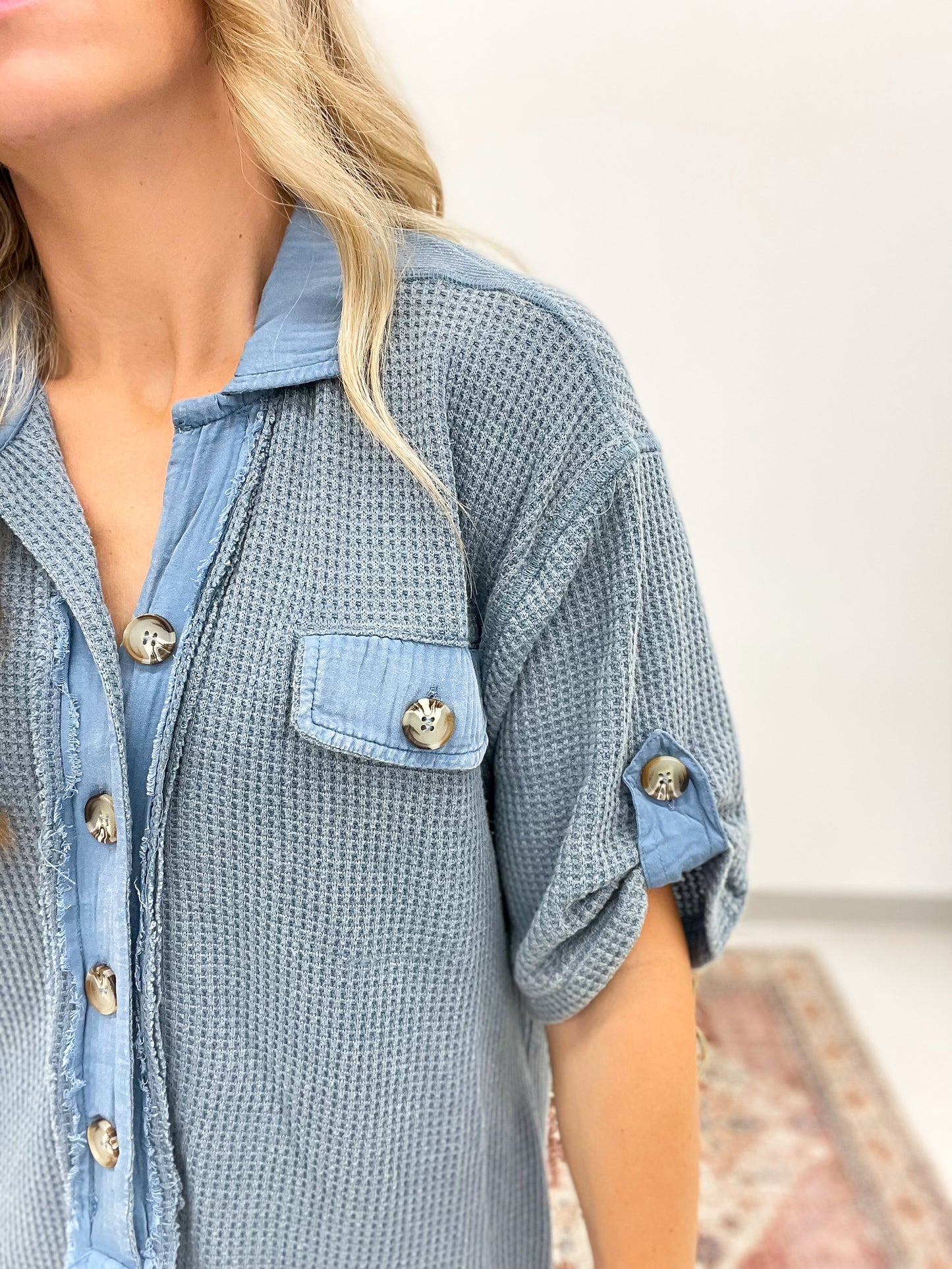 Sweet Jane Washed Waffle Knit Mini Dress Denim Blue