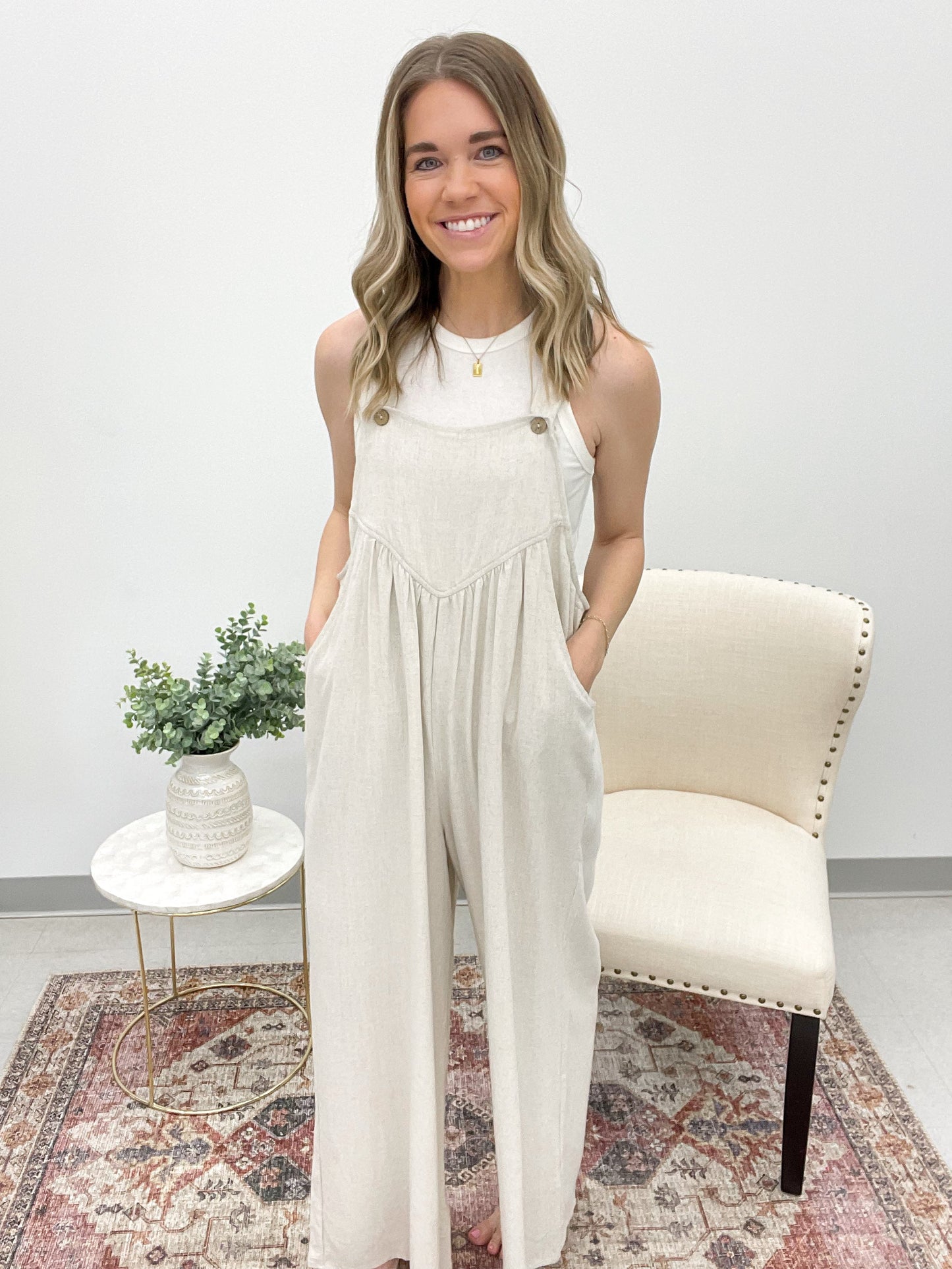 Wishful Thinking Linen Overalls Oatmeal Extended