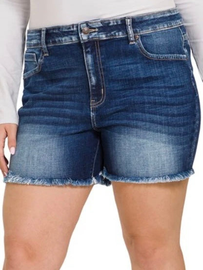 The Mel Distressed Hem Denim Shorts Dark Wash 1X-3X