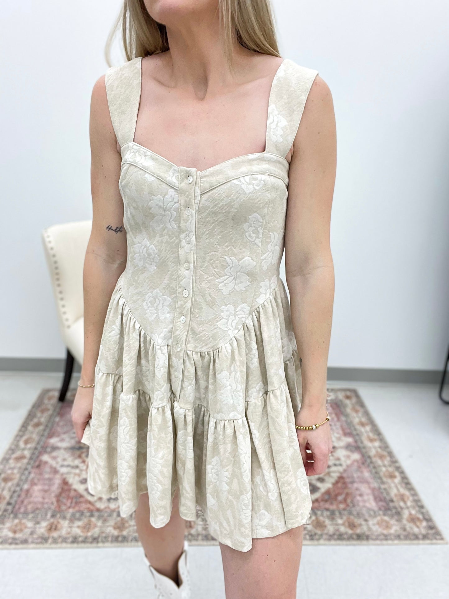 Broadway Nights Floral Jacquard Tapestry Romper Dress Cream