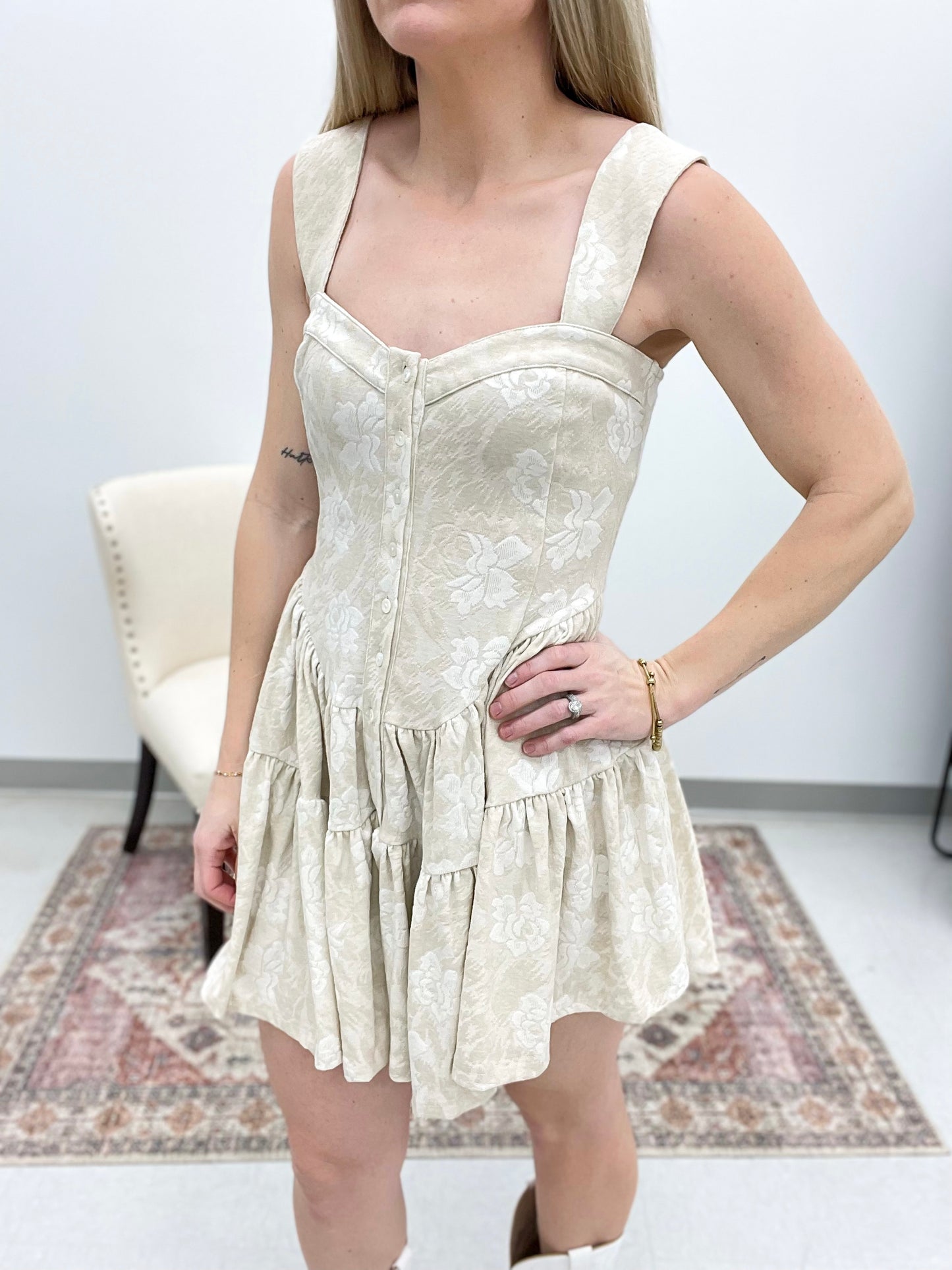 Broadway Nights Floral Jacquard Tapestry Romper Dress Cream