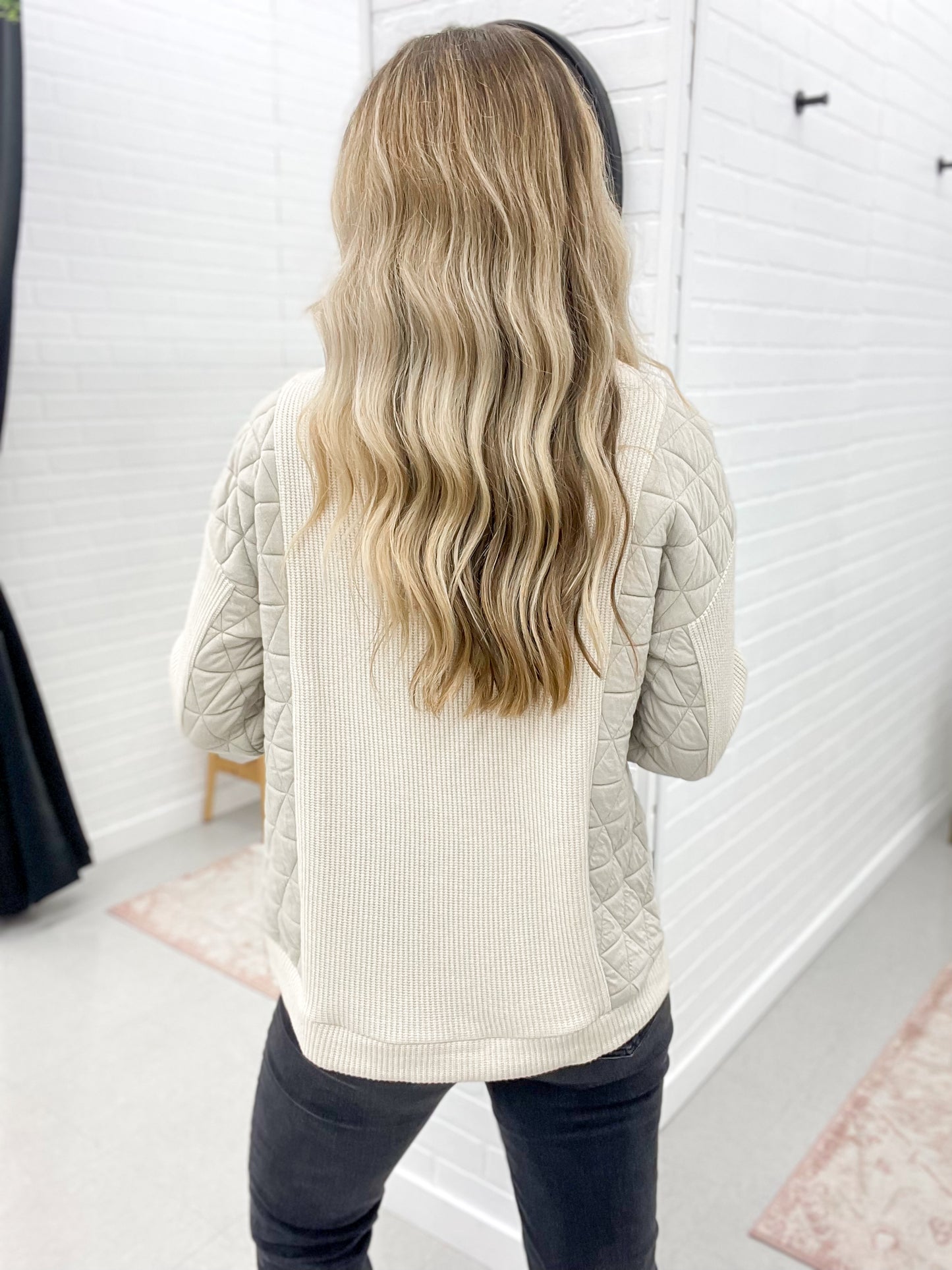 Hidden View Mixed Fabric Crew Neck Top Cream