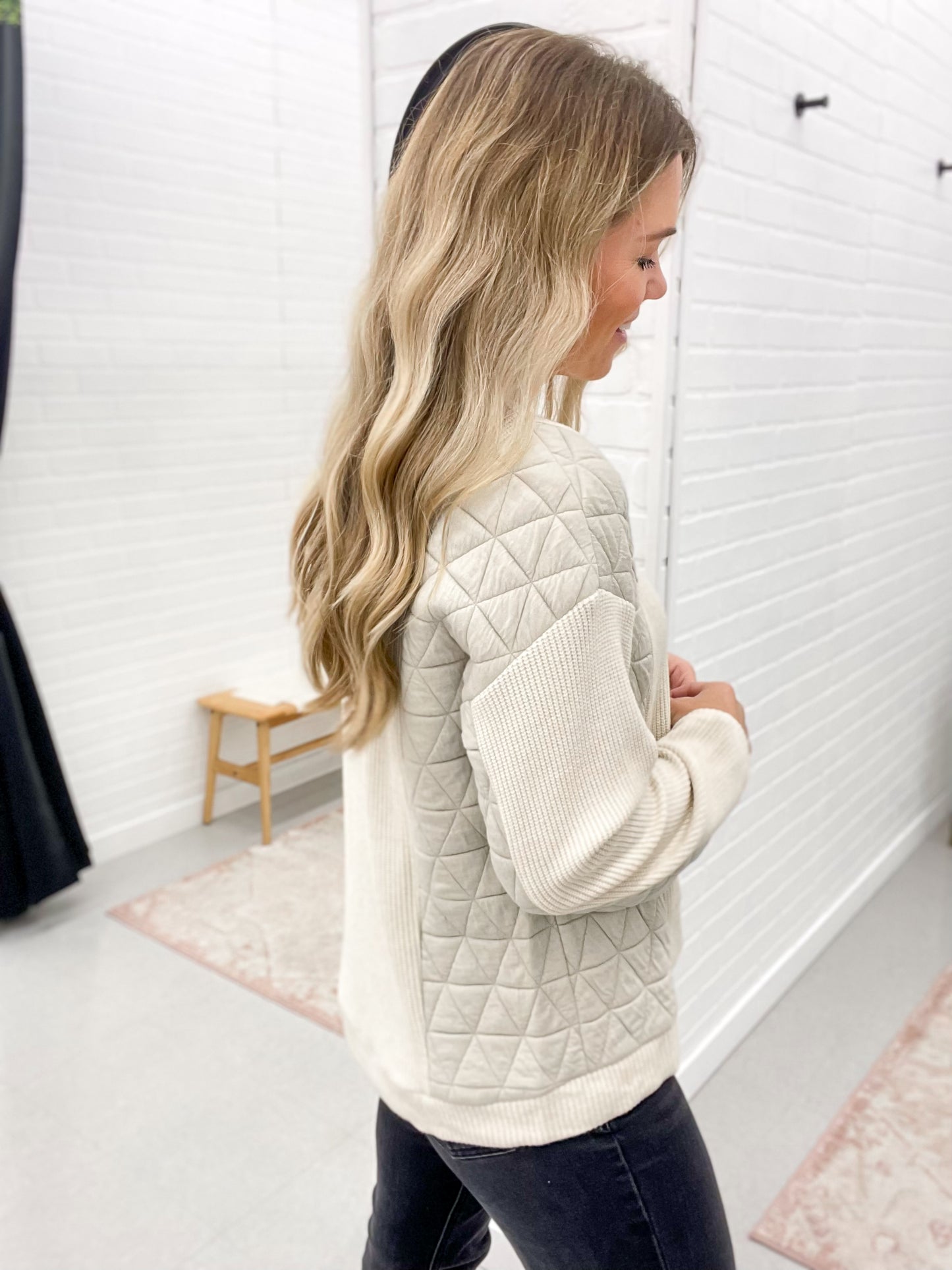 Hidden View Mixed Fabric Crew Neck Top Cream