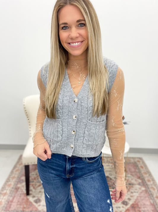 Where We Started Cable Knit Button Up Sweater Vest Heather Gray