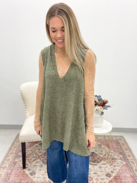 Dream On Oversized Sweater Vest Tunic Olive