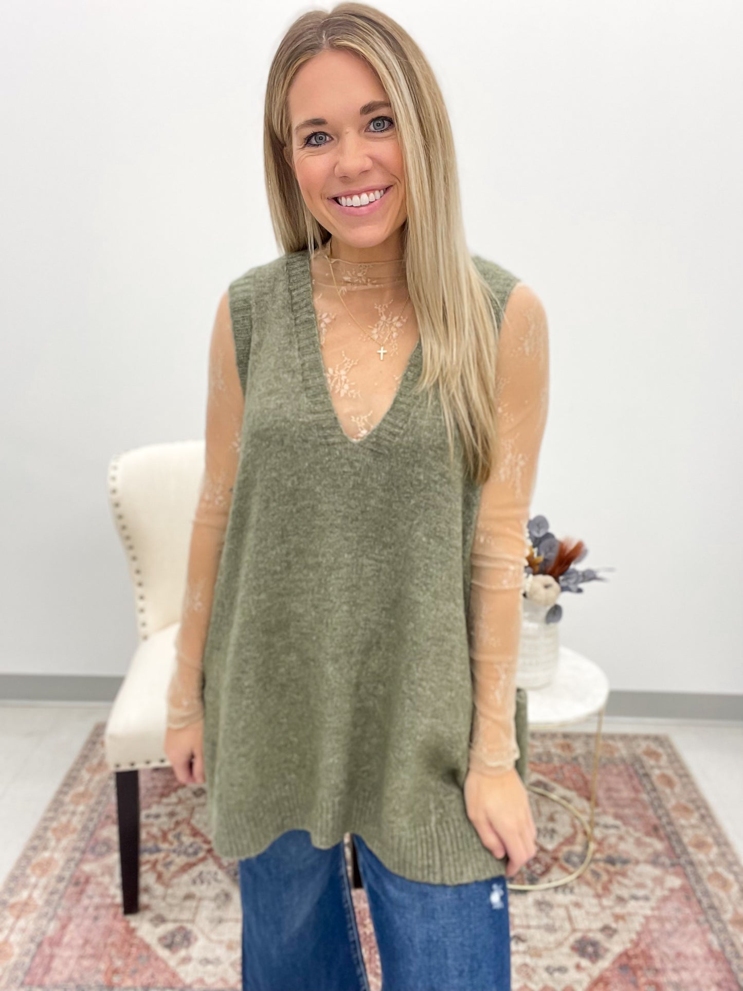Dream On Oversized Sweater Vest Tunic Olive
