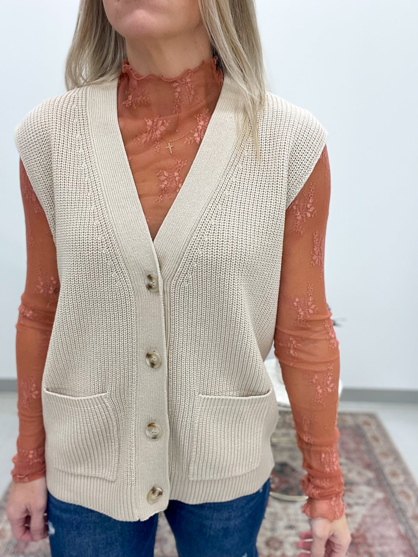Stay Cool Varsity Style Button Up Sweater Vest Cream