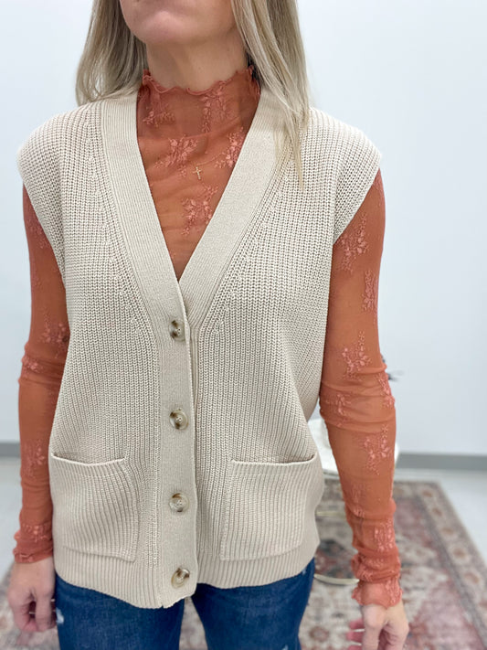 Stay Cool Varsity Style Button Up Sweater Vest Cream