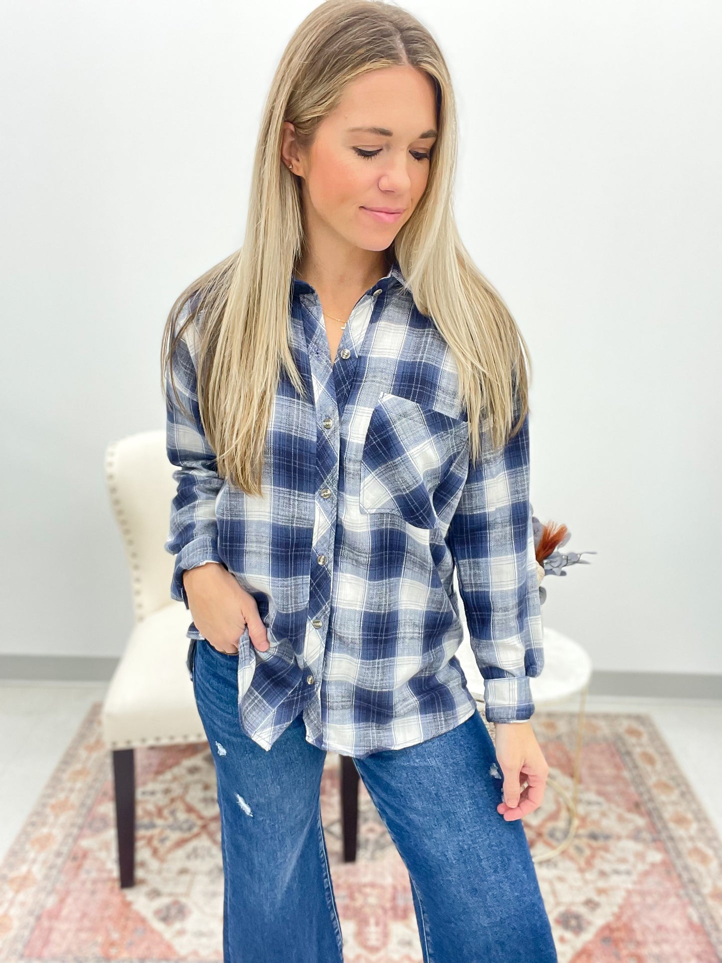 Call Home Plaid Flannel Long Sleeve Button Down Shirt Blue